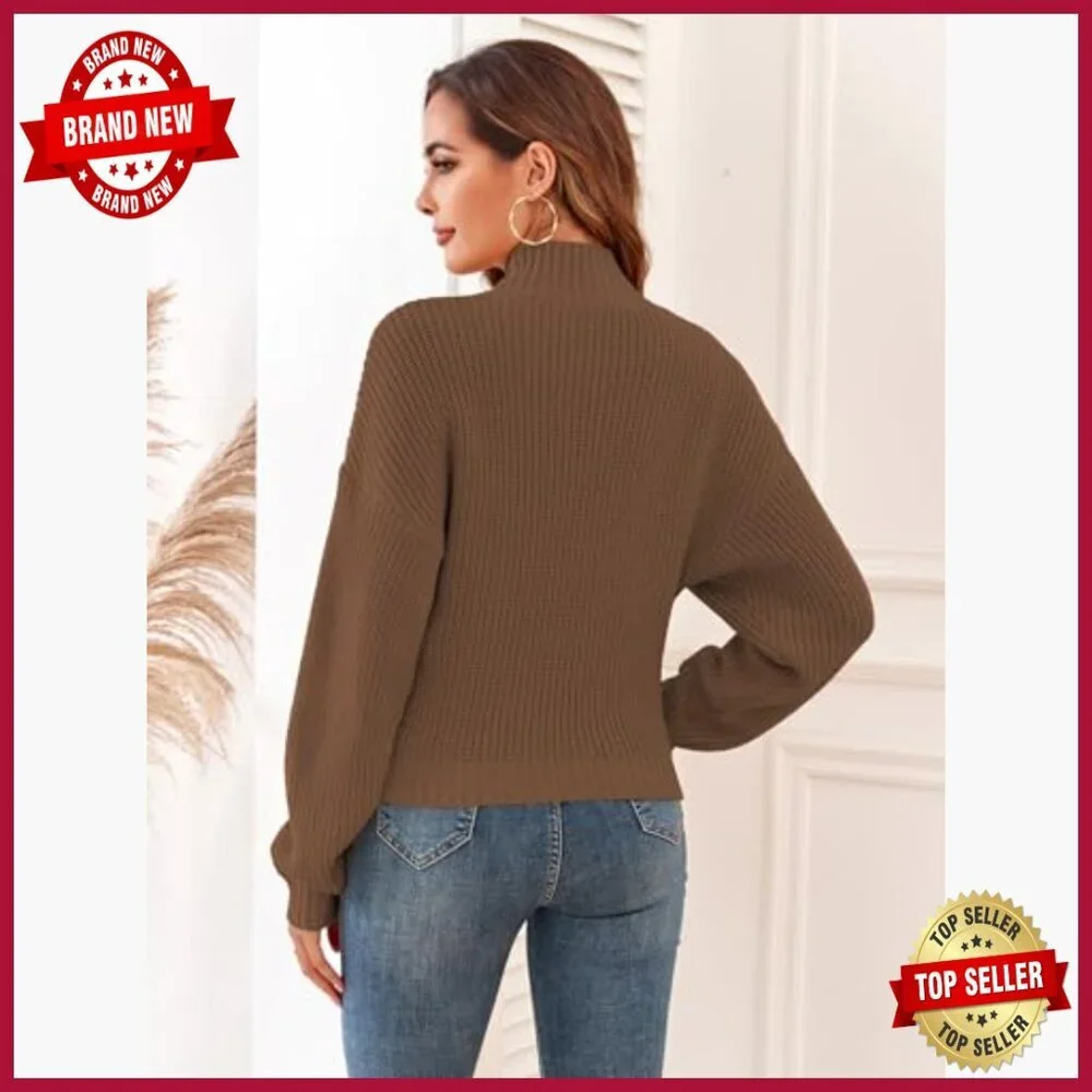Cropped Turtleneck Sweater Lantern Sleeve Ribbed Knit Pullover - Picture 3 of 6